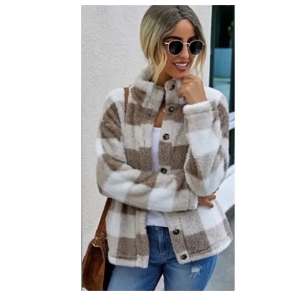 Plaid Fleece Button Up Jacket - Picture 1 of 3